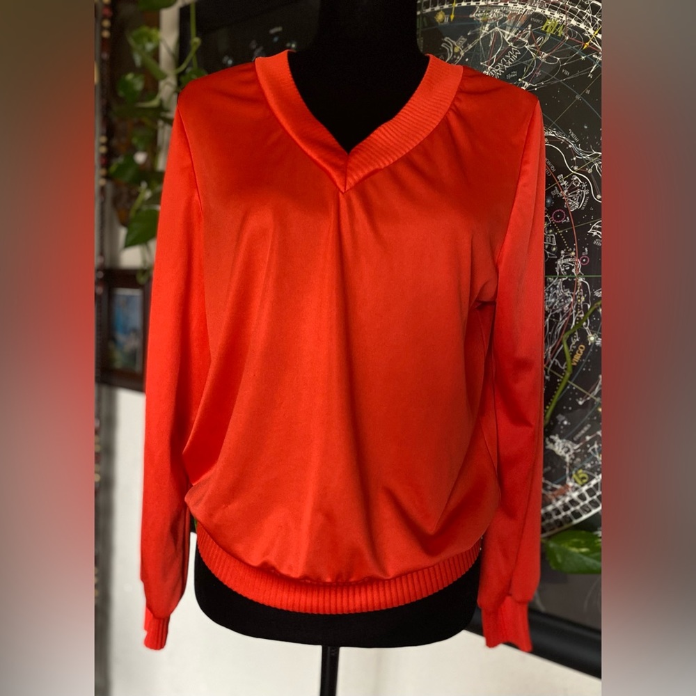 VTG 70’s Sunny South Poly Long Sleeve! Bright Orange/Red Color! USA. Size 14.